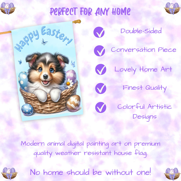 Shetland Sheepdog Spring Easter Puppy House Flag Yard Lawn Seasonal Décor Gifts 28x40 Inch Double-Sided
