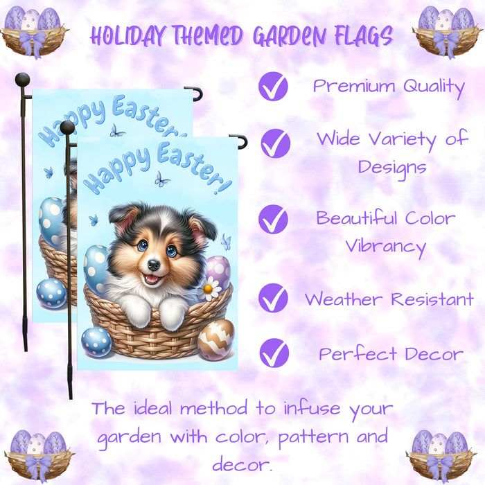 Shetland Sheepdog Easter Garden Flag Puppy Eggs Spring Farmhouse Yard Décor 12x18 Inch Single Side and Double Sided