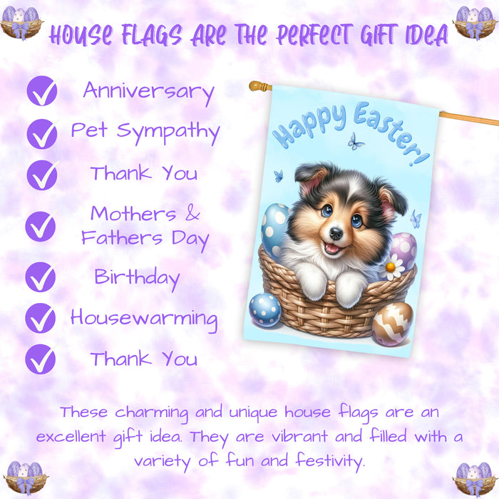 Shetland Sheepdog Spring Easter Puppy House Flag Yard Lawn Seasonal Décor Gifts 28x40 Inch Double-Sided