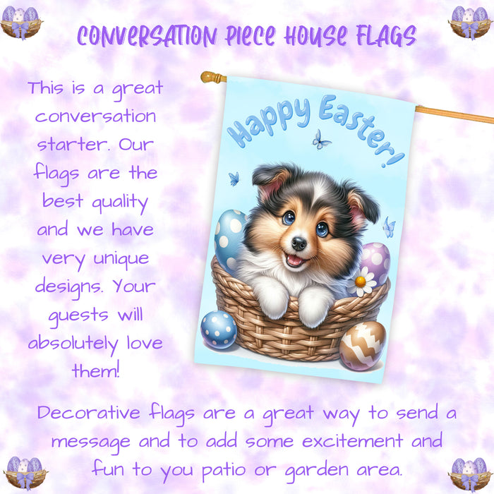 Shetland Sheepdog Spring Easter Puppy House Flag Yard Lawn Seasonal Décor Gifts 28x40 Inch Double-Sided