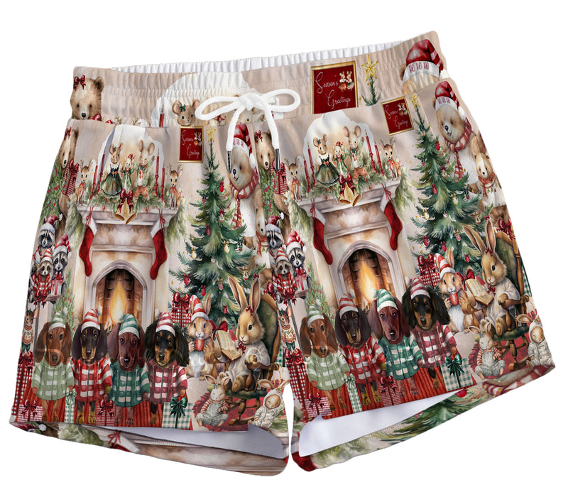 Dachshund Dog Women's Casual Shorts, Winter Furry Friends, All-Over Print Pet Theme Shorts