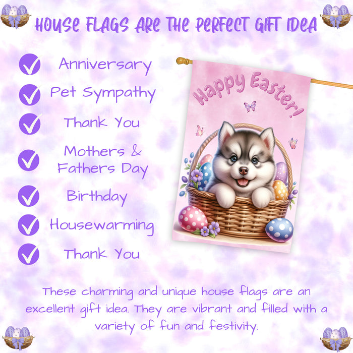 Siberian Husky Dog Easter House Flag Puppy Eggs Spring Outdoor Yard Décor Gifts 28x40 Inch Double-Sided