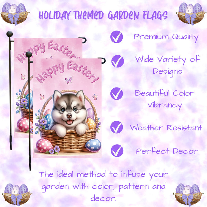 Siberian Husky Easter Porch Garden Flag Dog Bunny Ears Eggs Spring Outdoor Décor 12x18 Inch Single Side and Double Sided