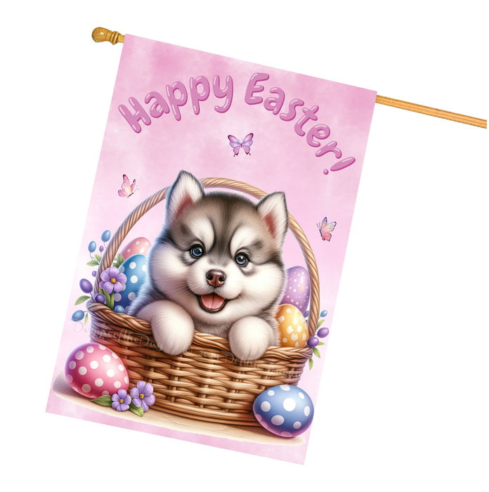Siberian Husky Dog Easter House Flag Puppy Eggs Spring Outdoor Yard Décor Gifts 28x40 Inch Double-Sided