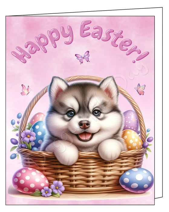 Happy Easter Siberian Husky 2 Greeting Cards, Spring Holiday Notecards Blank Inside Envelopes Included, Unique Easter Egg Cards for Dog Lovers