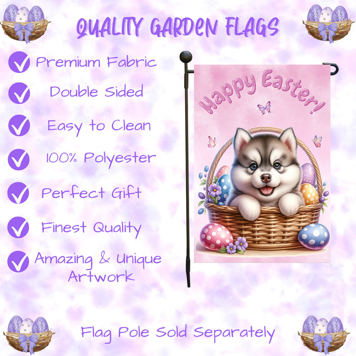 Siberian Husky Easter Porch Garden Flag Dog Bunny Ears Eggs Spring Outdoor Décor 12x18 Inch Single Side and Double Sided