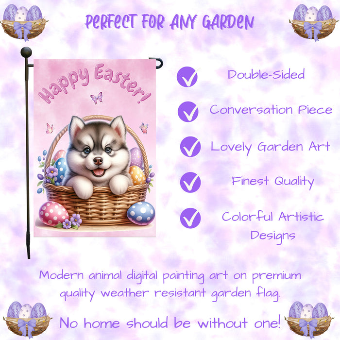 Siberian Husky Easter Porch Garden Flag Dog Bunny Ears Eggs Spring Outdoor Décor 12x18 Inch Single Side and Double Sided