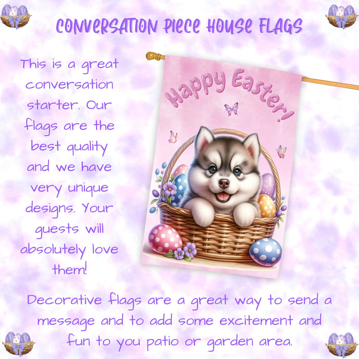 Siberian Husky Dog Easter House Flag Puppy Eggs Spring Outdoor Yard Décor Gifts 28x40 Inch Double-Sided