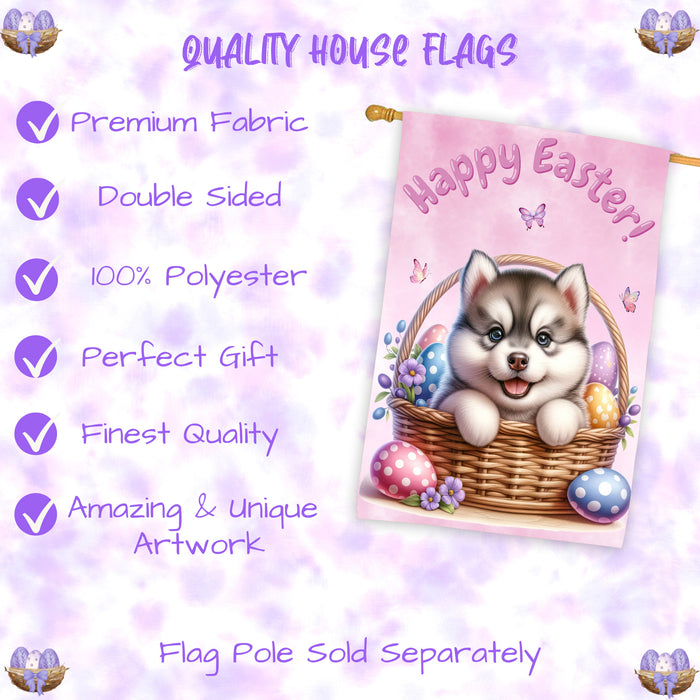 Siberian Husky Dog Easter House Flag Puppy Eggs Spring Outdoor Yard Décor Gifts 28x40 Inch Double-Sided