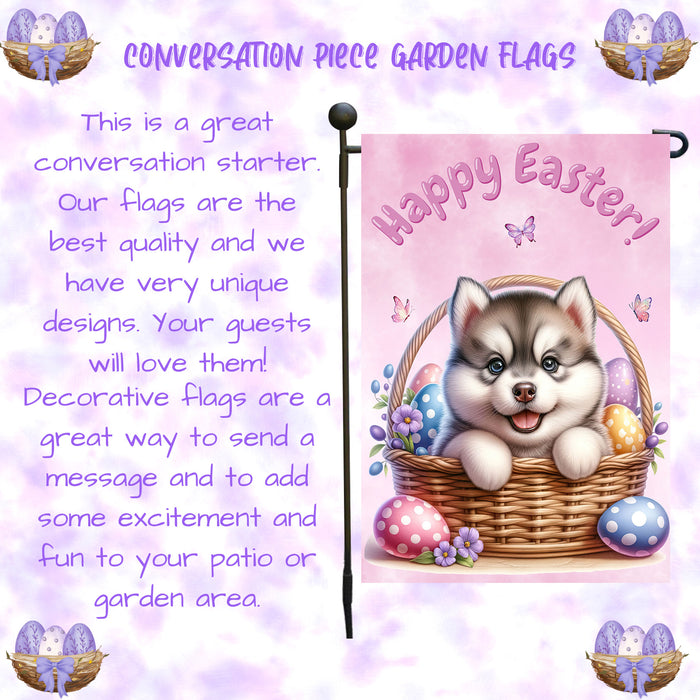 Siberian Husky Easter Porch Garden Flag Dog Bunny Ears Eggs Spring Outdoor Décor 12x18 Inch Single Side and Double Sided