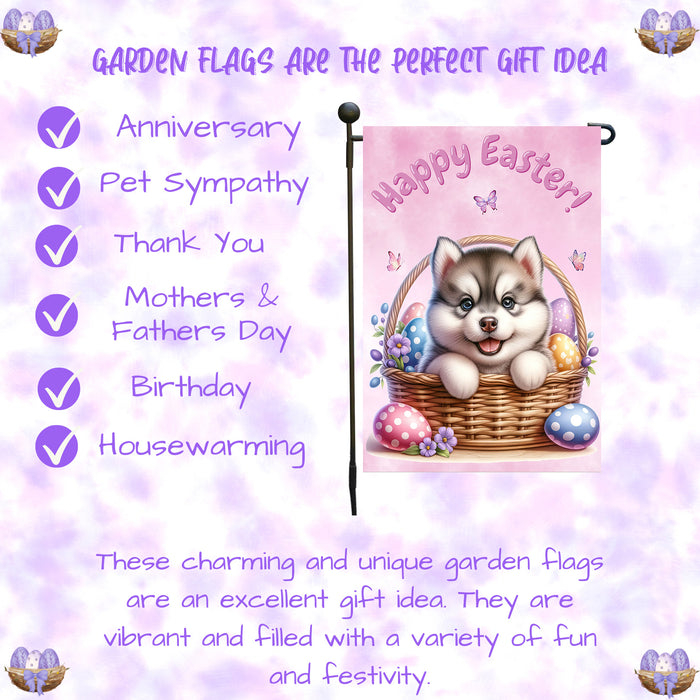 Siberian Husky Easter Porch Garden Flag Dog Bunny Ears Eggs Spring Outdoor Décor 12x18 Inch Single Side and Double Sided