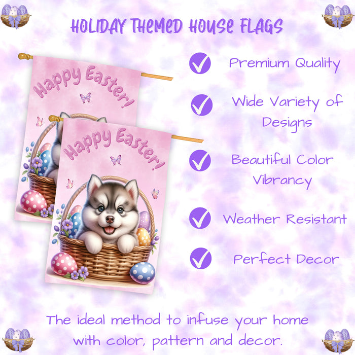 Siberian Husky Dog Easter House Flag Puppy Eggs Spring Outdoor Yard Décor Gifts 28x40 Inch Double-Sided