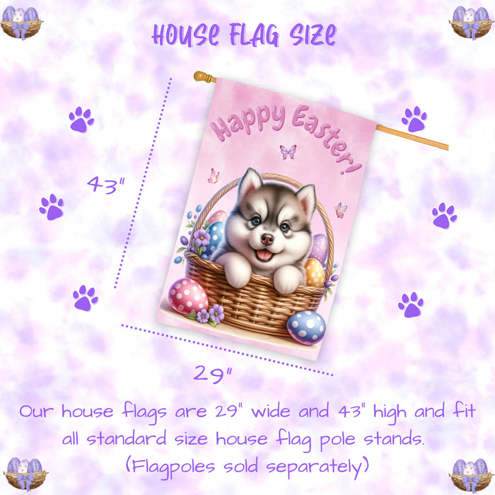 Siberian Husky Dog Easter House Flag Puppy Eggs Spring Outdoor Yard Décor Gifts 28x40 Inch Double-Sided
