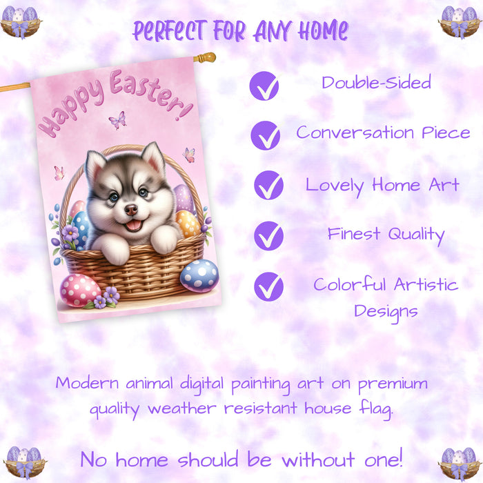 Siberian Husky Dog Easter House Flag Puppy Eggs Spring Outdoor Yard Décor Gifts 28x40 Inch Double-Sided