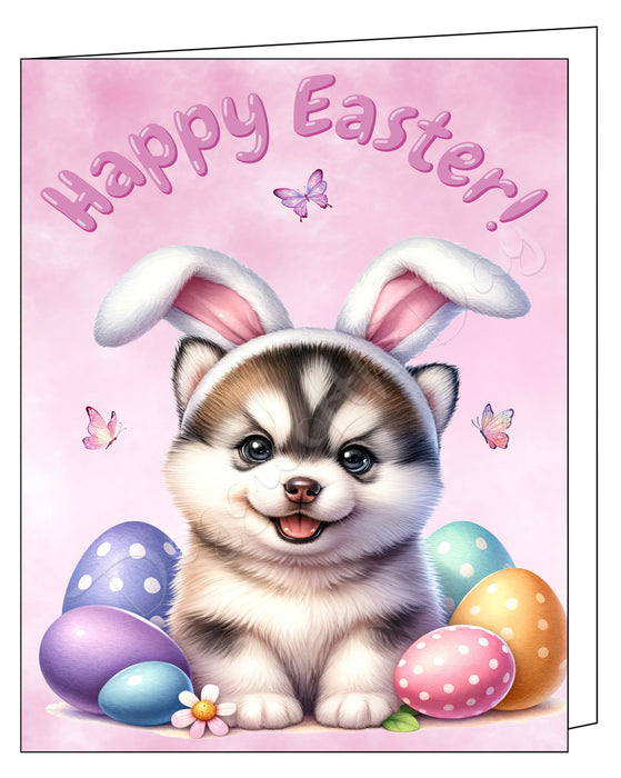 Happy Easter Siberian Husky 3 Greeting Cards, Spring Holiday Notecards Blank Inside Envelopes Included, Unique Easter Egg Cards for Dog Lovers