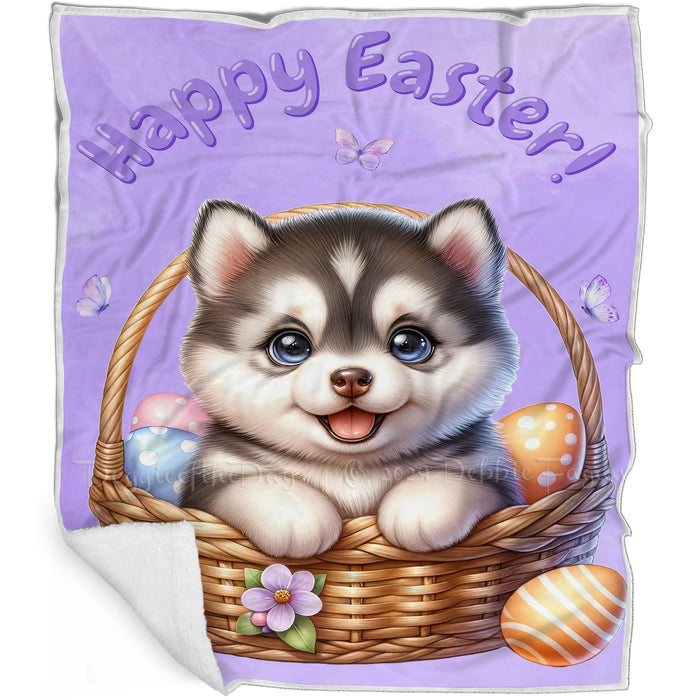 Easter Egg Hunt Siberian Husky with Bunny Ears Happy Easter Holiday Blanket, EGHNTBLNKTDG00094