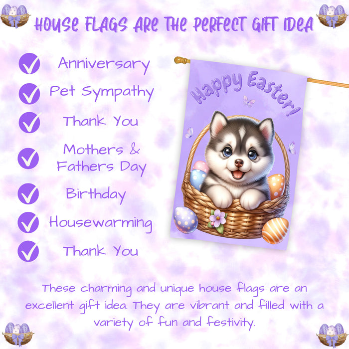 Siberian Husky Easter Puppy House Flag Farmhouse Spring Yard Garden Décor Gifts 28x40 Inch Double-Sided