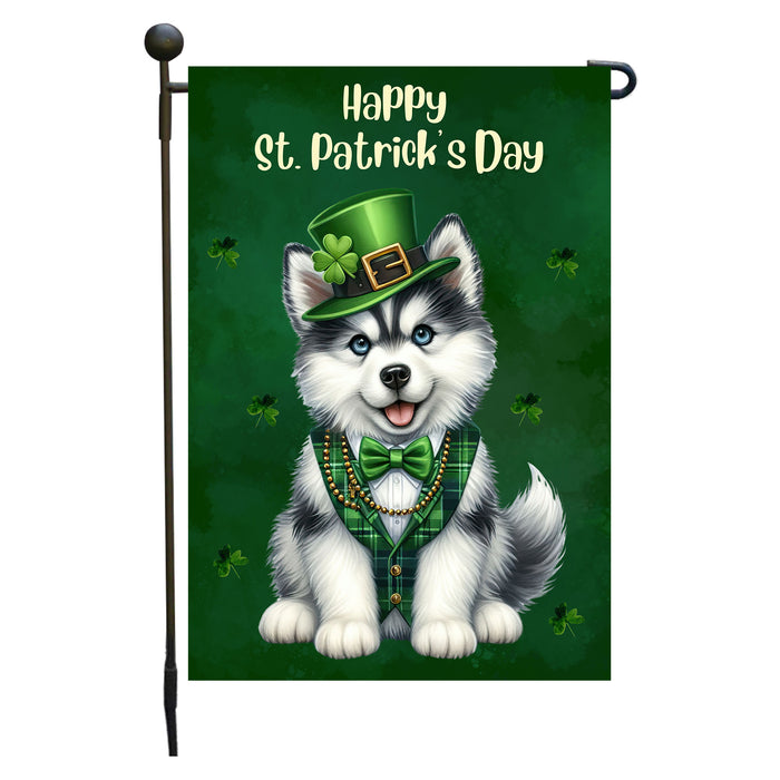Siberian Husky Dog St Patricks Day Garden Flag 12 x 18 Inch Green Shamrock Decor