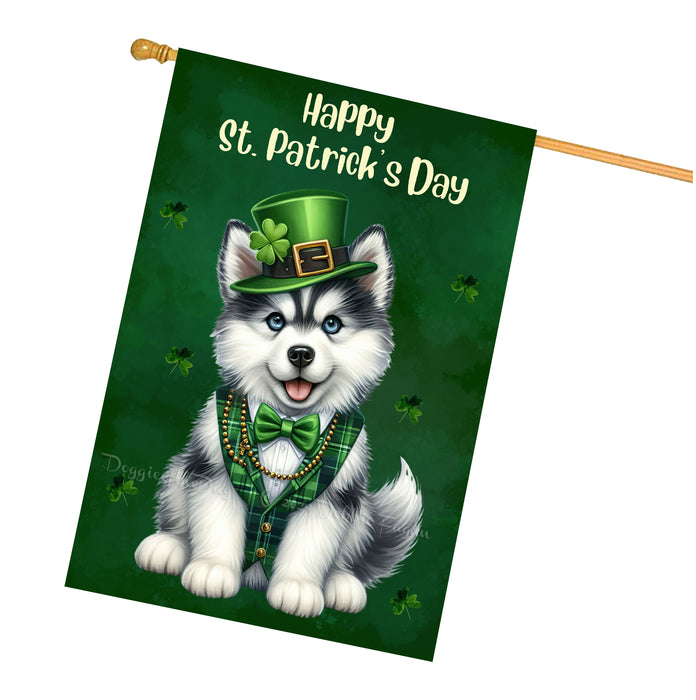 Siberian Husky Dog St Patricks Day House Flag 28 x 40 Irish Shamrock Clover Decor Gift for Mom
