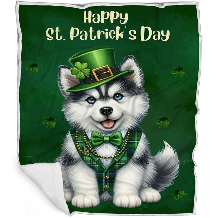 Siberian Husky St. Patrick's Irish Dog Blanket, Irish Woof Warmth, Fleece, Woven, Sherpa Blankets, Puppy with Hats, Gifts for Pet Lovers