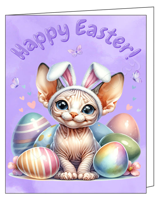 Happy Easter Sphynx Cat Greeting Cards, Spring Holiday Notecards Blank Inside Envelopes Included, Unique Easter Egg Cards for Cat Lovers