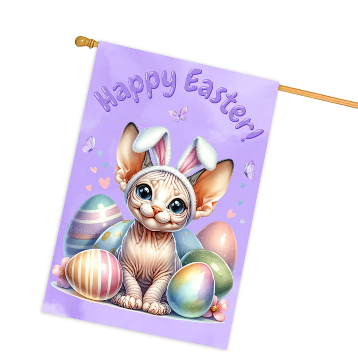 Happy Easter Sphynx Cat, Egg Hunt House Flags for Home Decorations - Double Sided Yard Lawn Easter Festival Decorative Gift - Holiday Cats Flag Decor 28"w x 40"h, EGHNT00052