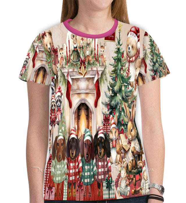 Dachshund Dog Women's T-Shirt, Winter Furry Friends, All Over Print Mesh T-shirts