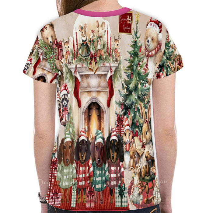 Dachshund Dog Women's T-Shirt, Winter Furry Friends, All Over Print Mesh T-shirts