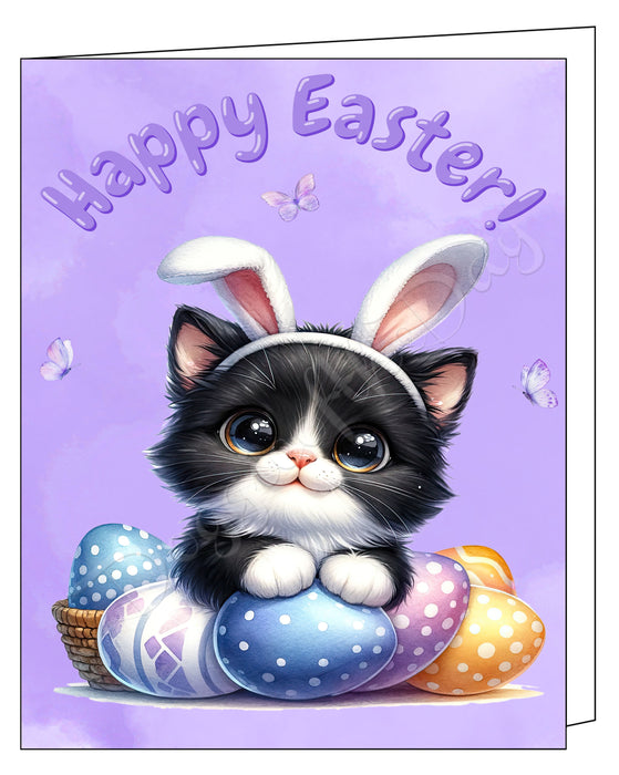Happy Easter Tuxedo Cat Greeting Cards, Spring Holiday Notecards Blank Inside Envelopes Included, Unique Easter Egg Cards for Cat Lovers