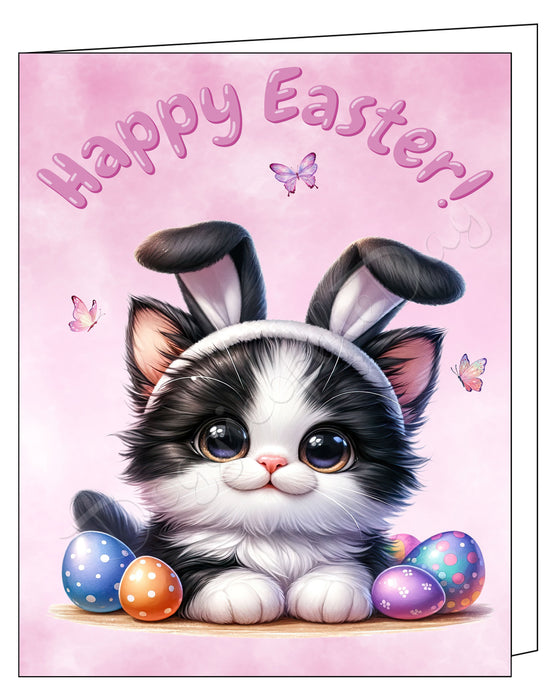 Happy Easter Tuxedo Cat Greeting Cards, Spring Holiday Notecards Blank Inside Envelopes Included, Unique Easter Egg Cards for Cat Lovers