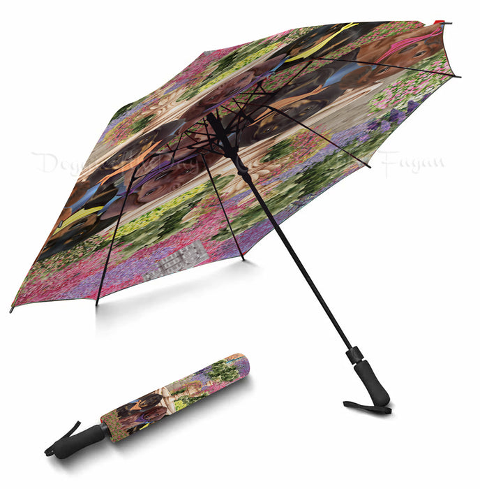 Floral Park Dachshund Dog Grey Semi-Automatic Foldable Umbrella