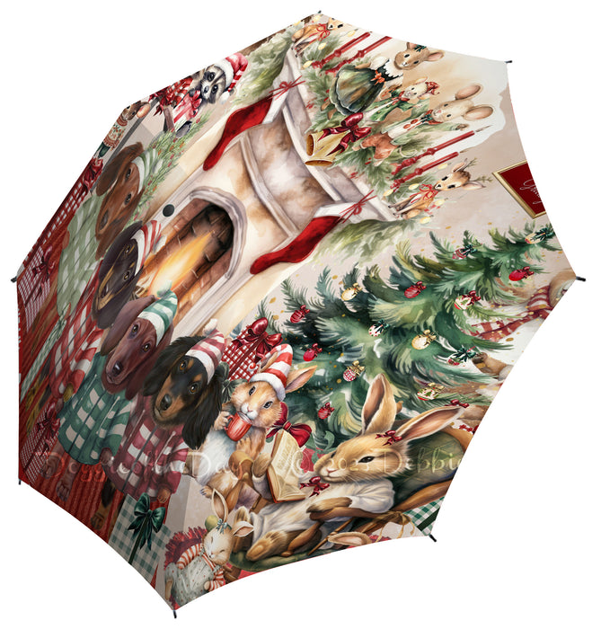 Dachshund Dog Semi-Automatic Foldable Umbrella, Winter Furry Friends - Grey