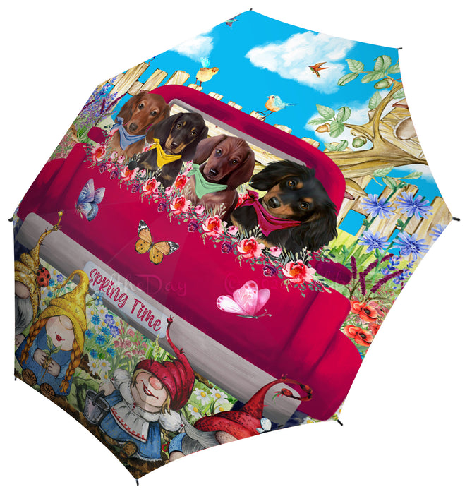 Dachshund Dogs Flower Explosion with Gnomes Pink Truck Grey Semi-Automatic Foldable Umbrella