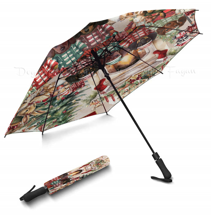 Dachshund Dog Semi-Automatic Foldable Umbrella, Winter Furry Friends - Grey
