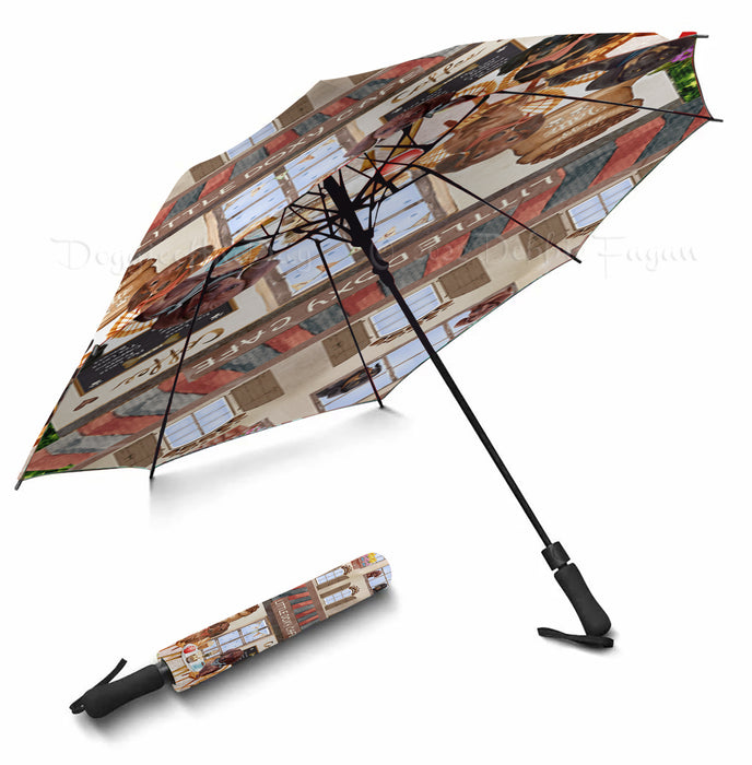Little Doxy Cafe Dachshund Dog Grey Semi-Automatic Foldable Umbrella