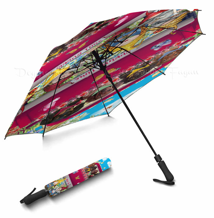 Dachshund Dogs Flower Explosion with Gnomes Pink Truck Grey Semi-Automatic Foldable Umbrella