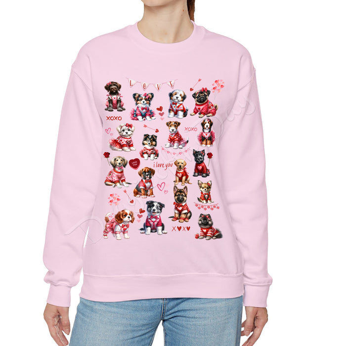 Valentine's Day Pink Sweatshirt with Dogs, Hoodie for Woman, Dogs with Roses, I Love You Candy Hearts, Puppy in Outfit, Plus Sizes, Gifts