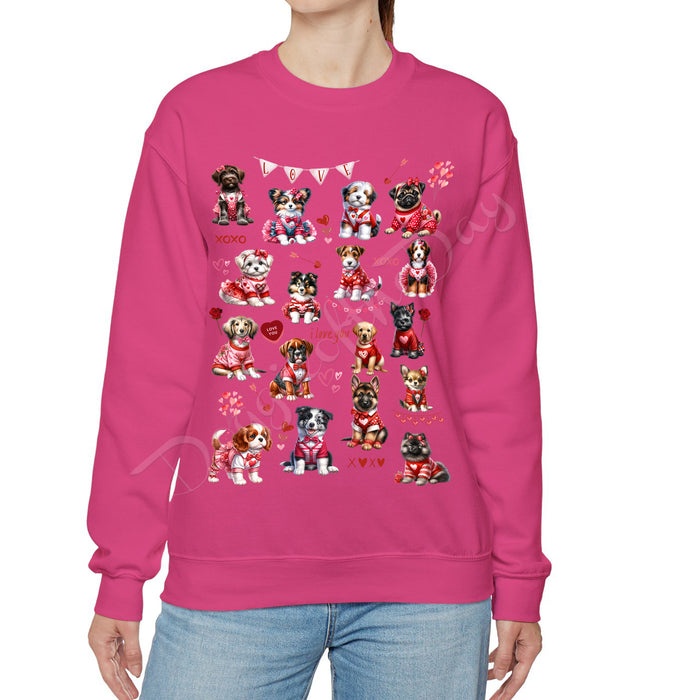 Valentine's Day Pink Sweatshirt with Dogs, Hoodie for Woman, Dogs with Roses, I Love You Candy Hearts, Puppy in Outfit, Plus Sizes, Gifts