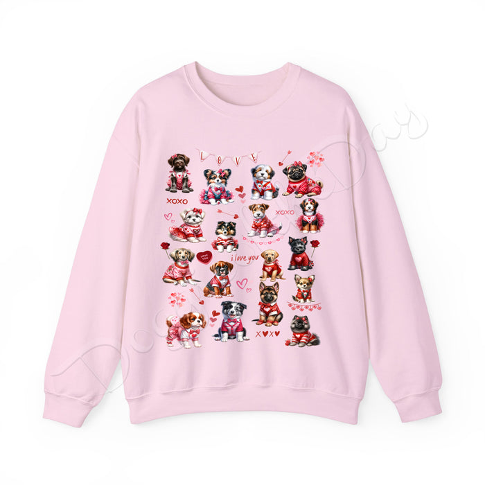 Valentine's Day Pink Sweatshirt with Dogs, Hoodie for Woman, Dogs with Roses, I Love You Candy Hearts, Puppy in Outfit, Plus Sizes, Gifts