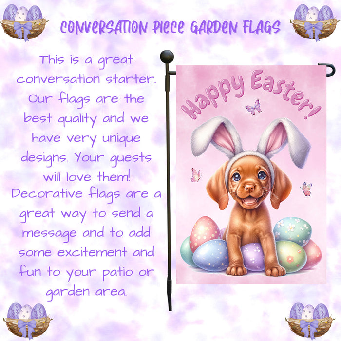 Vizsla Dog Happy Easter Garden Flag Puppy Eggs Spring Yard Lawn Outdoor Décor 12x18 Inch Single Side and Double Sided