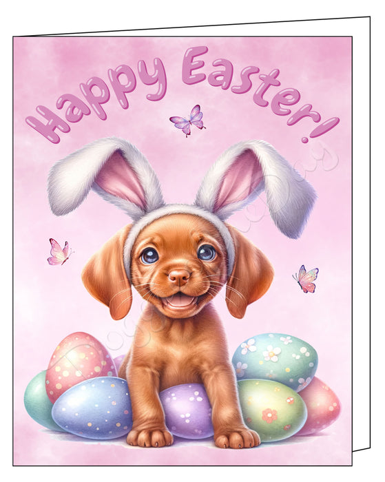 Happy Easter Vizsla 2 Greeting Cards, Spring Holiday Notecards Blank Inside Envelopes Included, Unique Easter Egg Cards for Dog Lovers