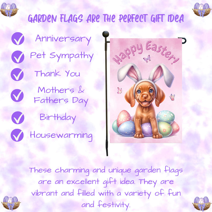 Vizsla Dog Happy Easter Garden Flag Puppy Eggs Spring Yard Lawn Outdoor Décor 12x18 Inch Single Side and Double Sided