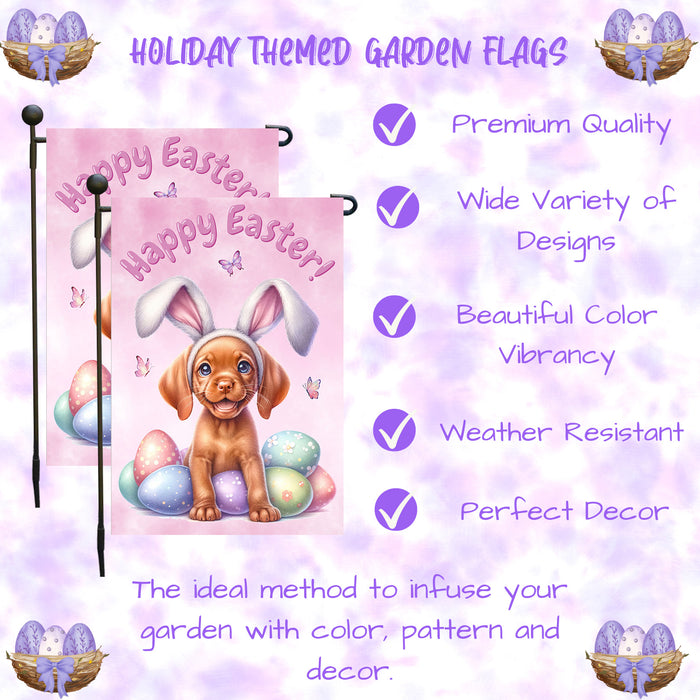 Vizsla Dog Happy Easter Garden Flag Puppy Eggs Spring Yard Lawn Outdoor Décor 12x18 Inch Single Side and Double Sided