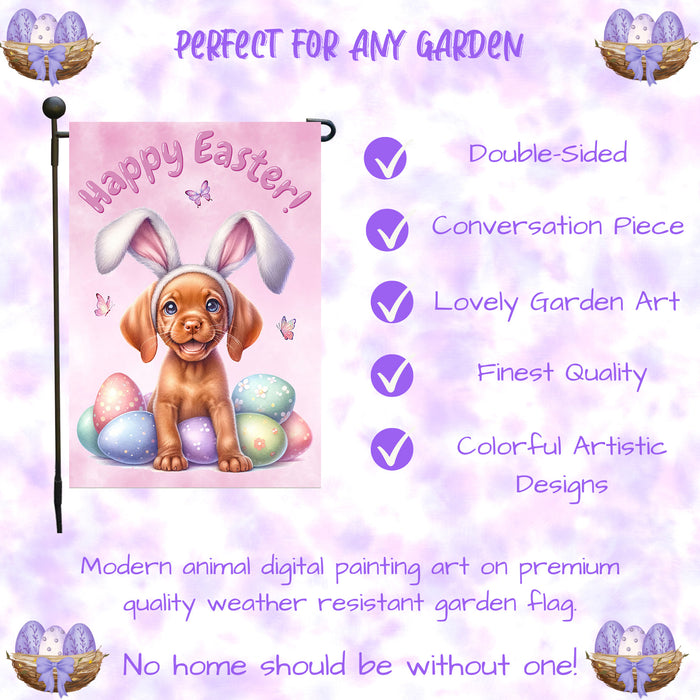 Vizsla Dog Happy Easter Garden Flag Puppy Eggs Spring Yard Lawn Outdoor Décor 12x18 Inch Single Side and Double Sided