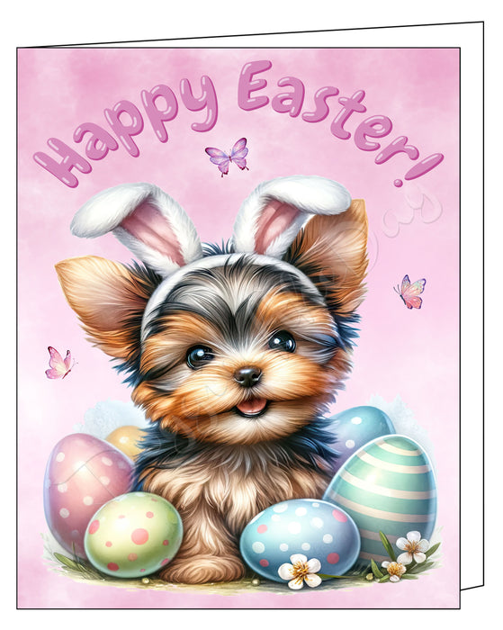 Happy Easter Yorkshire Terrier 2 Greeting Cards, Spring Holiday Notecards Blank Inside Envelopes Included, Unique Easter Egg Cards for Dog Lovers