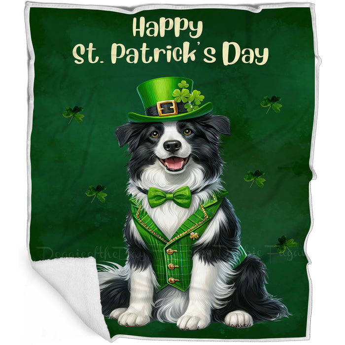 Border Collie St. Patrick's Irish Dog Blanket, Irish Woof Warmth, Fleece, Woven, Sherpa Blankets, Puppy with Hats, Gifts for Pet Lovers