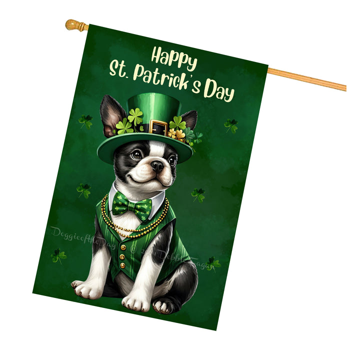 Boston Terrier Dog St Patricks Day House Flag 28 x 40 Irish Clover Lucky Porch Decor