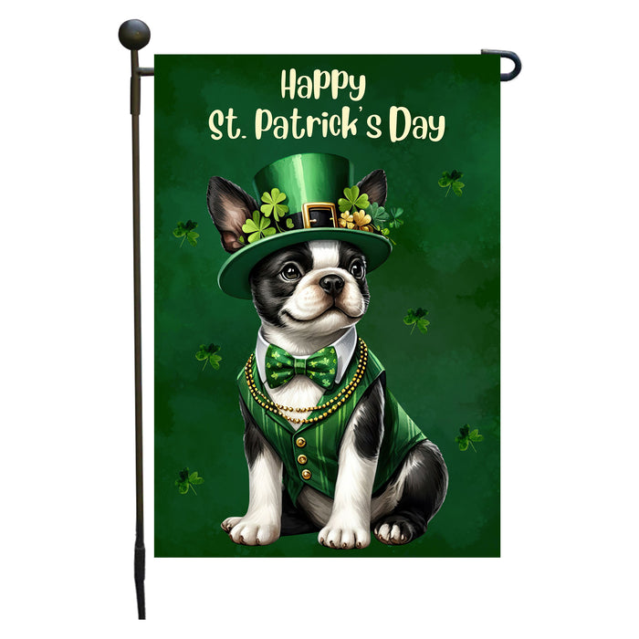Boston Terrier St. Patrick's Day Irish Dog Garden Flag, Paddy's Day Party Decor, Green Design, Pet Gift, Double Sided, Irish Doggy Delight
