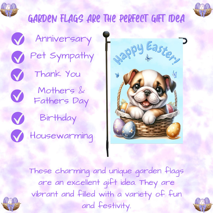 Bulldog Easter Garden Flag Puppy Bunny Ears Eggs Farmhouse Yard Décor Banner 12x18 Inch Single Side and Double Sided