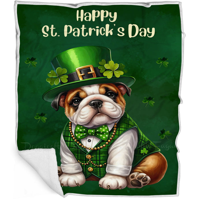 Bulldog St. Patrick's Irish Dog Blanket, Irish Woof Warmth, Fleece, Woven, Sherpa Blankets, Puppy with Hats, Gifts for Pet Lovers